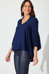 Navy Linen Blend Jasper Blouse